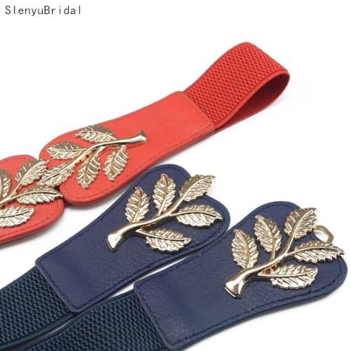 Women's Vintage Wide Elastic Stretch Adjustable Waist Belts with Metal Leaves Retro Cinch Belt Navy Blue One Size4