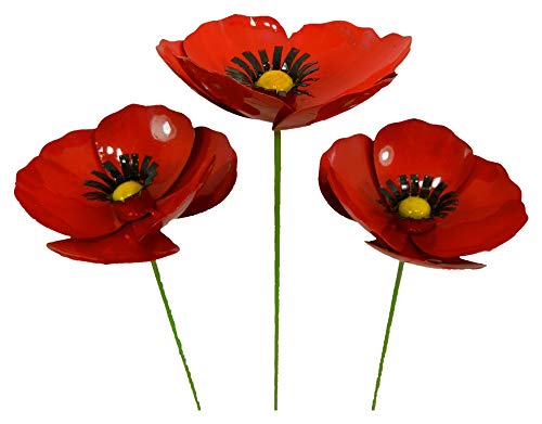 Thai Gifts Metal Poppy Flower Garden Ornament Set of 3 Poppies on 100cm stick - RED