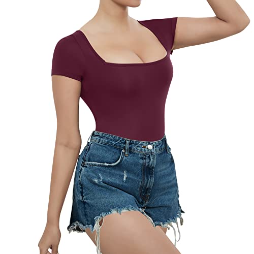 RoomTour body mujer elegante Body Con cuello cuadrado Para Mujer Manga corta Tops,body de tanga para mujer 1-Rojo Vino S