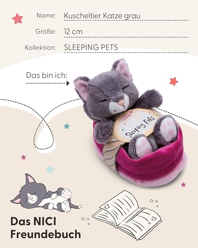 Kuscheltier Katze grau 12cm schlafend im Körbchen
