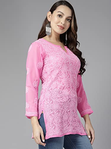 Image of Ada Women's Georgette Regular Fit Chikankari Hand Embroidered Lucknow Short Kurti Top A911224