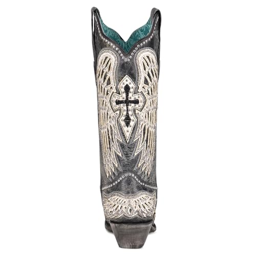 CORRAL LADIE'S BLACK CROSS & WINGS OVERLAY & STUDS, SNIP TOE, LEATHER SOLE, WESTERN, A42324
