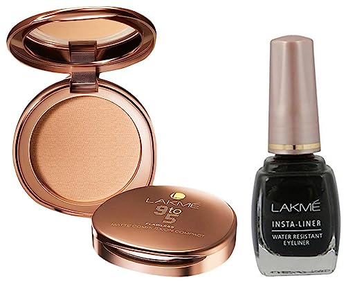 Image of LAKME Insta Liquid Eye Liner, Black, 9Ml And 9 To 5 Flawless Matte Complexion Compact, Melon, 8G