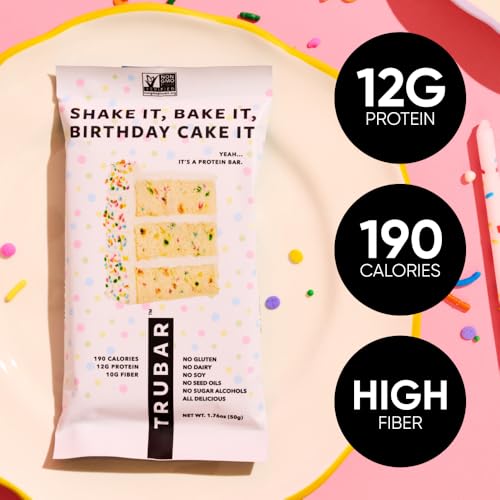Image of TRUBAR Vegan Protein Bar, Shake it Bake it Birthday Cake it, Gluten Free, Plant Based Protein, Dairy Free, Non GMO, Soy Free, No Sugar Alcohols, 12G Protein, 12G Fiber, 23G Carb, Snack Bars, 12ct
