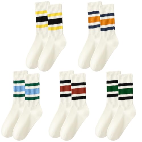 scenicamp 5 Pairs Striped Crew Socks for Women and Men Cotton Seamless Toe Casual Socks Retro Slouch Tube Socks