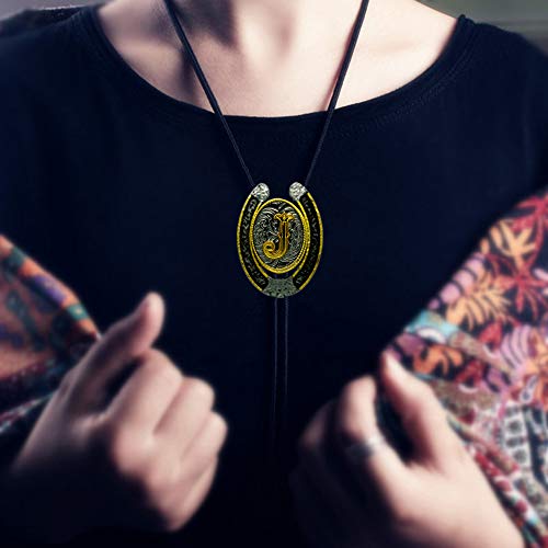 Moranse Upgrate Bolo Tie Golden Initial Letter A To Z In Western Cowboy Horseshoe Style With Cowhide Rope Necktie(J) #TOP2