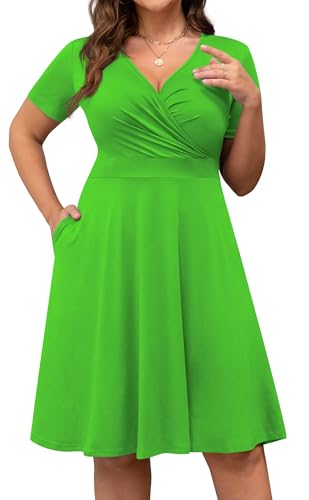 Image of POSESHE Womens Plus Size Dresses Summer Short Sleeve Wrap V-Neck Sundress Casual Wedding Guest Cocktail Dress with Pockets