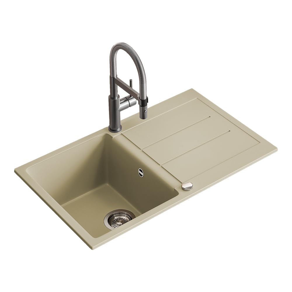 Bergström Evier "Kapstadt", Beige, 78x50cm | avec égouttoir et kit de vidage pour installation sous-plan ou à encastrer