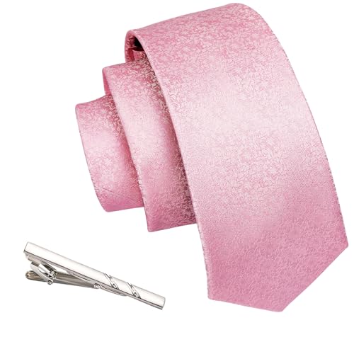 Image of Barry.Wang Blush Pink Ties for Men Floral Tie Necktie and Tie Clip Wedding Business Flower Solid Color Formal