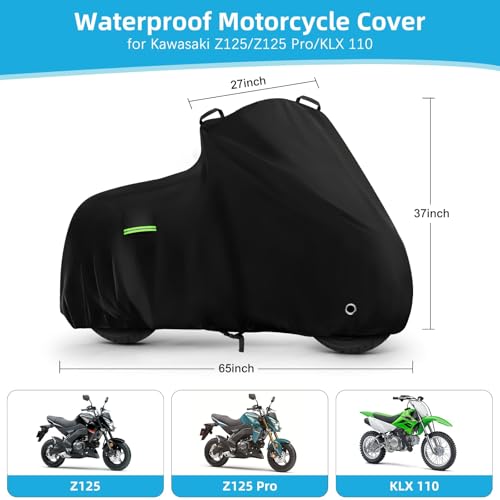 Image of Motorcycle Cover for Kawasaki Z125 /Z125 Pro /KLX 110, Heavy Duty Outdoor Sun UV Rain Dust Waterproof All Weather Protection Windproof Motorbike Cover with Soft Cotton Lining & Lock Hole-Black