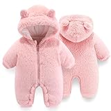 UVIPC Baby Newborn Bear Outfit Fleece Snowsuit Winter Clothes Hooded Jumpsuit Romper for Baby boy girl (Thick Pink 9-12Months)