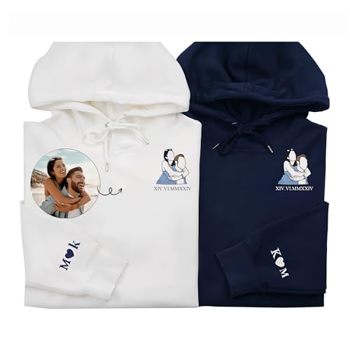 Felpe con Cappuccio Ricamate su Misura con Numeri Romani, Abbinate per Coppie, Personalizzate con Viso di Animale Domestico