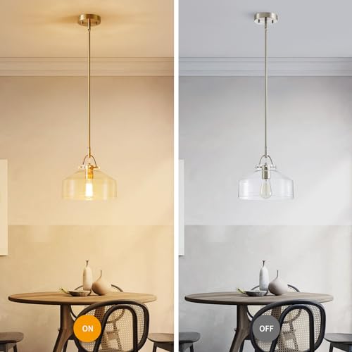 Image of WUZUPS Chandelier Rustic Farmhouse Industrial Round Ceiling Pendant LED Light Fixture with Clear Glass Shades for Dining Room Kitchen Island Foyer Entryway, H 9.4 inch x W 10.6 inch, E26 Base, Brushed Nickel