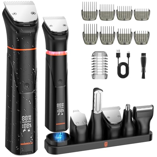 MAXGROOM Recortadora de Barba Todo en Uno, Kit Cuidado de Barba 6 en 1 con Base de Carga, +9 Accesorios de Afeitado, 120 Min de Autonomía, Maquina de Afeitar Hombre con Pantalla LED, Negro