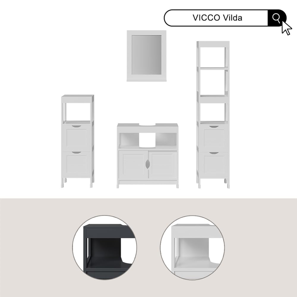 Vicco Badschrank Vilda, Grau, 30 x 144 cm | mit 2 Schubladen, zur Aufbewahrung von Badaccessoires und Pflegeprodukten