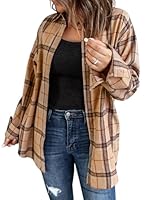 Fisoew Damen Langarm Karierte Blusen Flanell Button Down Jacken Casual Langarmshirts Hellbraun M