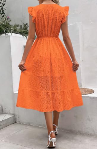 Image of chouyatou Women's Summer Flutter Sleeve Embroidery Eyelet Lace Dress V-Neck A-Line Beach Sun Dress