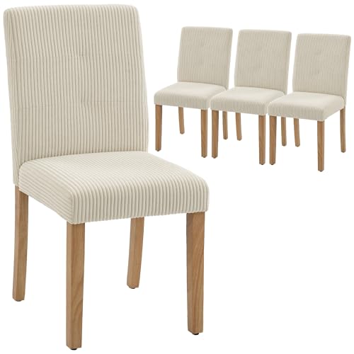 HOMCOM Pack de 4 Sillas de Comedor, Sillas de Cocinas Modernas, Respaldo Alto, Tapizadas en Pana, Asiento Acolchado, Patas de Madera, para Salón, Beige