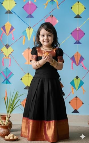 Image of R P CREATION Kids Silk Lehenga Choli Set | Zari Bordered Ghagra Choli | Traditional Ethnic Wear for Weddings, Poojas & Festivals