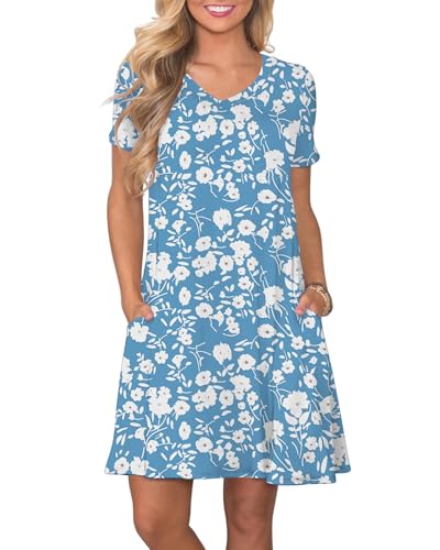 Image of COSSEN Women's Casual T Shirt Dress V-Neck Short Sleeves Swing Dresses Birthday Party Summer Travel Beach with Pocket
