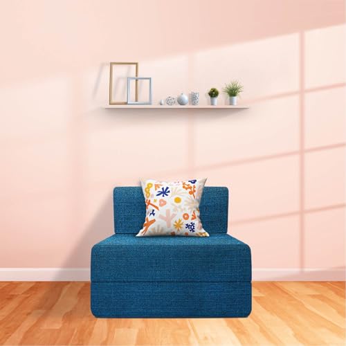 Image of Starlon 1 Seater Sofa Cum Bed Foldable 3-in-1 Sofa Bed with 1 Year Warranty, Washable Jute Fabric Cover & 1 Floral Pillows | Teal 2.5x6 Ft