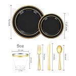 bUCLA 150 Pieces Black and Gold Disposable Dinnerware Set - 25 Guests Black Gold Plastic Plates Include 25 Dinner & 25 Dessert Plates, 25 Spoons, 25 Forks, 25 Knives, 25 Cups for Party & New Year - Image 2