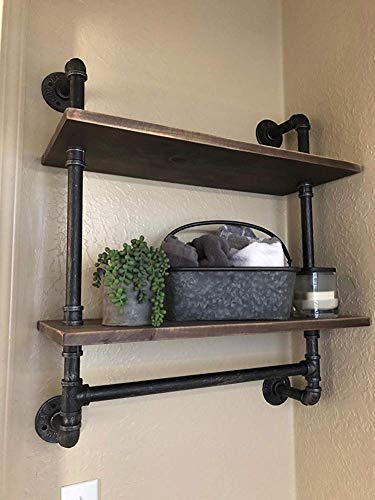 Industrial Pipe Shelf Bathroom Shelves Wall Mounted,19.6in Rustic Wood Shelf with Towel Bar,2 Tier Farmhouse Towel Rack Over Toilet,Pipe Shelving Metal Floating Shelves Iron Towel Holder