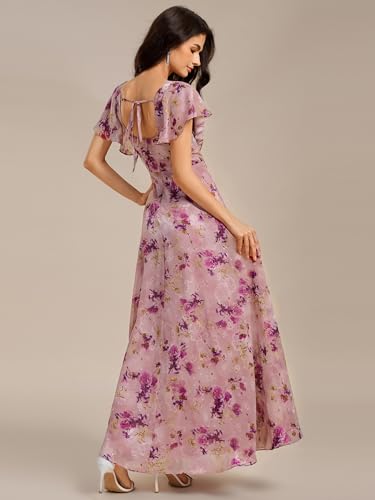Image of Ever-Pretty Women's Square Neck Short Sleeves Split Chiffon Floor Length A-Line Maxi Formal Dress 02409