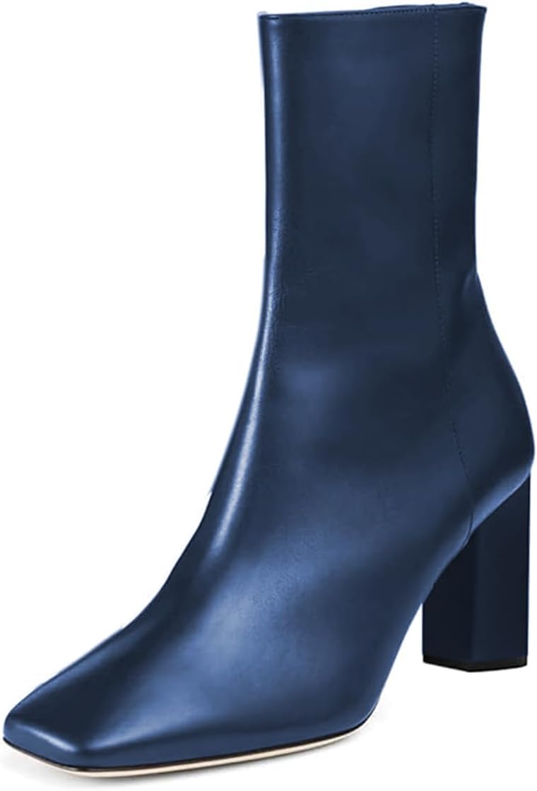 FOWT Women Square Toe Smooth Zipper Ankle Boots Block Mid Heel Ankle Booties Comfy Fashion Winter Proms Dress Shoes Size 4-16 US