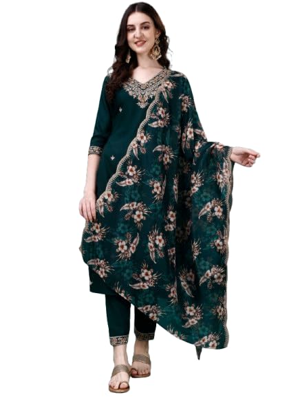 Image of NIVANA Floral Embroidered Regular Kurta with Trousers & Dupatta for Womens | Fashionable