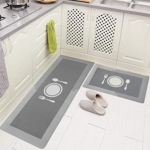 Image of HomeCloud Anti Fatigue Kitchen Rug Sets 2 Piece Non Slip Kitchen Mats for Floor Cushioned Kitchen Rugs and Mats Waterproof Comfort Standing Mat Runner for Kitchen (Home Spoon Grey)