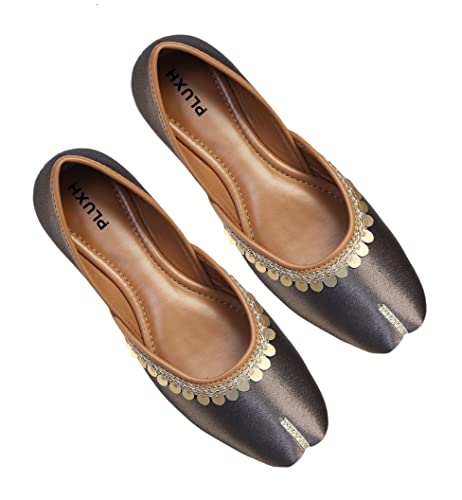 Image of Pluxh Women's Ethnic Jutti Shoes | Shiny Finish Mojari with Sequin Border | Soft Cushioned Slip-On Flats for Casual