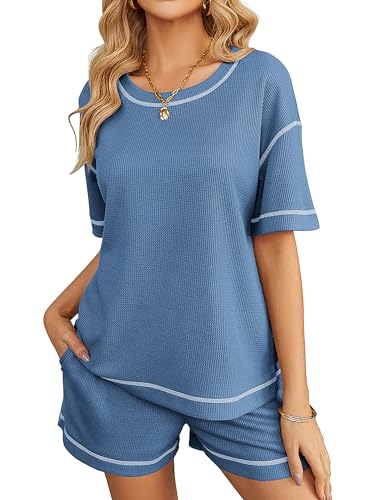 Image of Ekouaer Women's Waffle Knit Two Piece Lounge Set, Soft Matching Outfits for Daily Wear, Casual Shorts Set with Pocket
