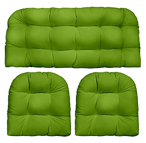 RSH Décor Indoor Outdoor 3 Piece Tufted Wicker Settee Cushions 1 Loveseat & 2 U-Shape Weather Resistant ~ Choose Color (Gecko Green, 2-22