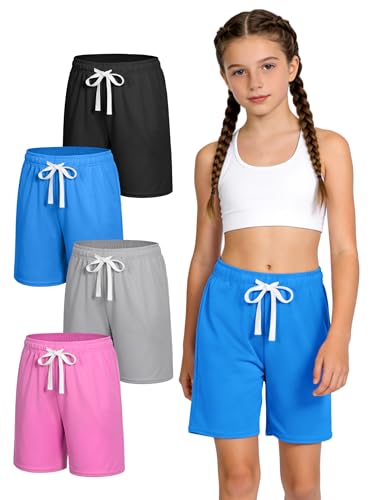JOCMIC 4 Pack Girls Athletic Shorts Quick Dry for Running Basketball Soccer with Drawstring Pocket 11-12 Years Black Dark Blue Light Grey Pink