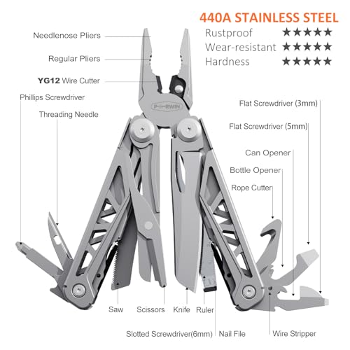 Multitool, 17-in-1 Stainless Steel Multi Tool Pliers with Self-Locking, Pocket Knife, Nylon Sheath, Professional (EDC) Multi-Tool for Survival, Camping and Hunting, Hiking, Gifts for Men - Image 4