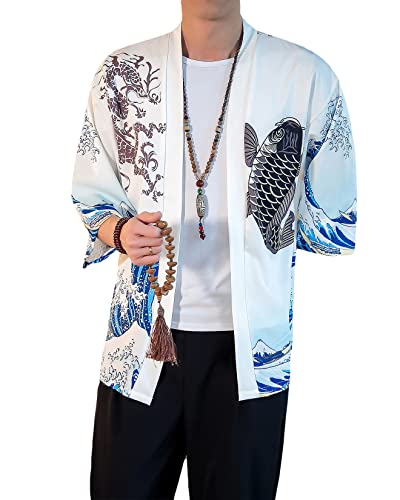 Image of PRIJOUHE Men's Lightweight Kimono Jacket Seven Sleeve Open Front Cardigan Coat Japanese Style Bathrobe