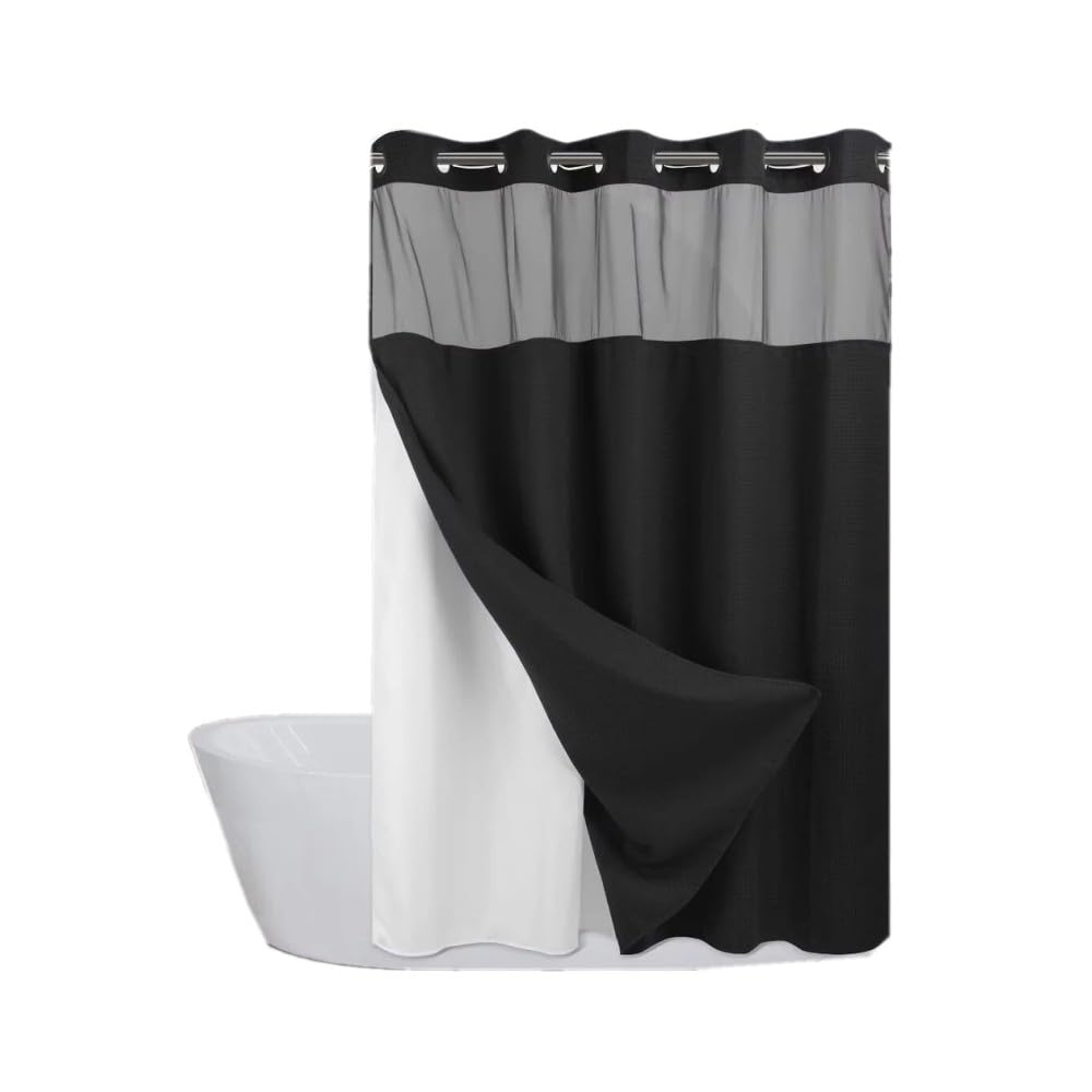 Waffle Weave Shower Curtain with Snap-in Fabric Liner Hotel Style Top Sheer Window, Double Layers Machine Washable (Black, 71" W x 74" H)