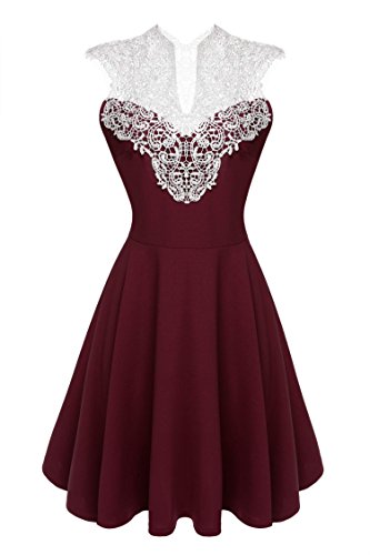 ACEVOG Women's Sleeveless Slim Lace Clubwear Evening Party Cocktail Skater Mini Dress, X-Large, Wine Red