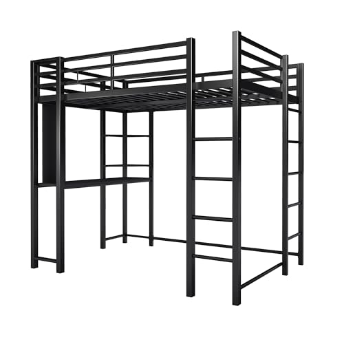 SUNLEI Loft Bed with Desk, Metal Loft Bed Full Size with 2 Built-in Ladders, with Safety Guard,Space-Saving Bed Frame, Noise Free for Small Bedroom, Black (Full Size)
