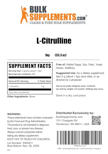 Image of BulkSupplements.com L-Citrulline Powder - Citrulline Supplement, Nitric Oxide Supplement - Unflavored & Gluten Free - 3g per Servings, 1kg (Pack of 5) (11 lbs)