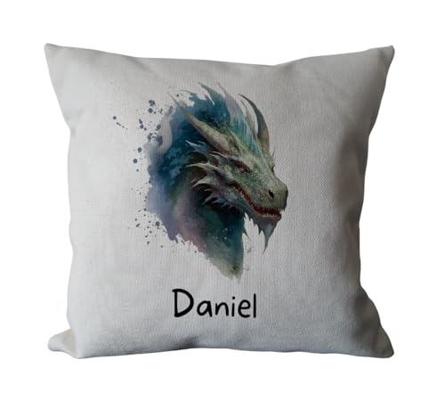 Image of Personalised Dragon Country Canvas Cushion - Customised Dragon Linen Cushion - Magic Creature Cushion Cover with Inner Filler