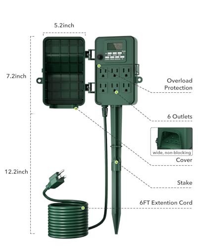 BN-LINK 7 Day Heavy Duty Outdoor Digital Stake Timer, 6 Outlets, Weatherproof, BNC-U3S, Perfect for Outdoor Lights, Sprinklers, Christmas Lights