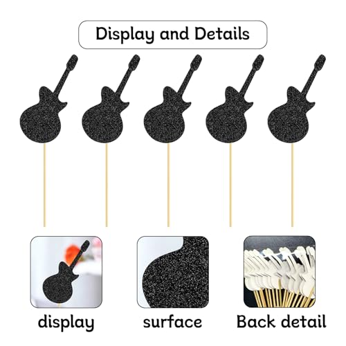 Electric Guitar Cupcake Toppers Black Glitter Guitar Cake Picks, Rock and Roll Music Themed Birthday Party Decorations Music Party Rock Star Celebration Supplies for Kids - 24PCS