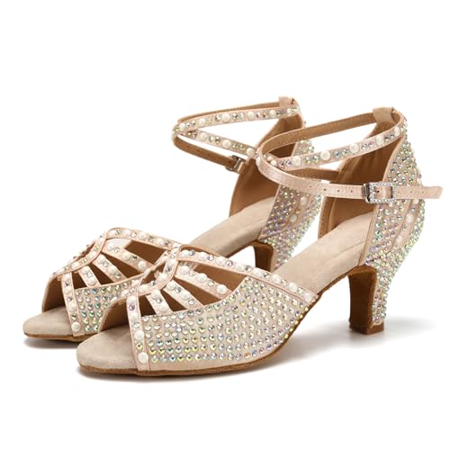 Image of JUODVMP Women's Latin Dance Shoes Rhinestones Satin Ballroom Dancing Shoes Salsa Professional Dance Shoes