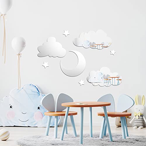 3D Acrylic Cloud Mirror Stickers Decals,Self Adhesive Moon Stars Clouds Mirror Wall Stickers Decorative Silver Mirror Wall Art Decor For Kids Baby Bedroom Living Room Playroom Nursery Wall Decor #TOP3
