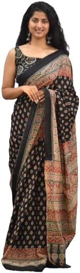 Kiaaron Handicrafts Women's Ikat Hand Block Print Jaipuri Cotton Mulmul Saree with Blouse Piece