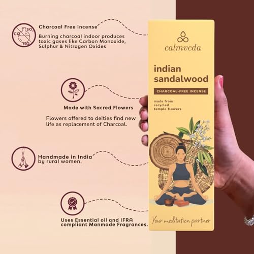 Indian Sandalwood Incense - (80 Count) Charcoal Free Incense Made with Upcycled Flowers | All Natural Incense Non-Toxic | Meditation Stress Relief Incense