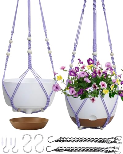 Koalaime 2 Pack Hanging Planters Set,10 Inch Indoor Outdoor Hanging Plant Pot Basket,Hanging Flower Pot with Drainage Hole with 3 Hooks for Garden Home(Purple Hanger White Planters)