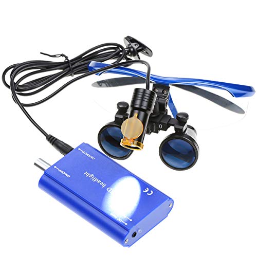 BoNew 3,5 x chirurgische Fernglas-Lupen, optisches Glas, 5 W LED-Scheinwerfer, leistungsstark, mit Filter, Clip-On-Typ, Aluminiumbox (blau)